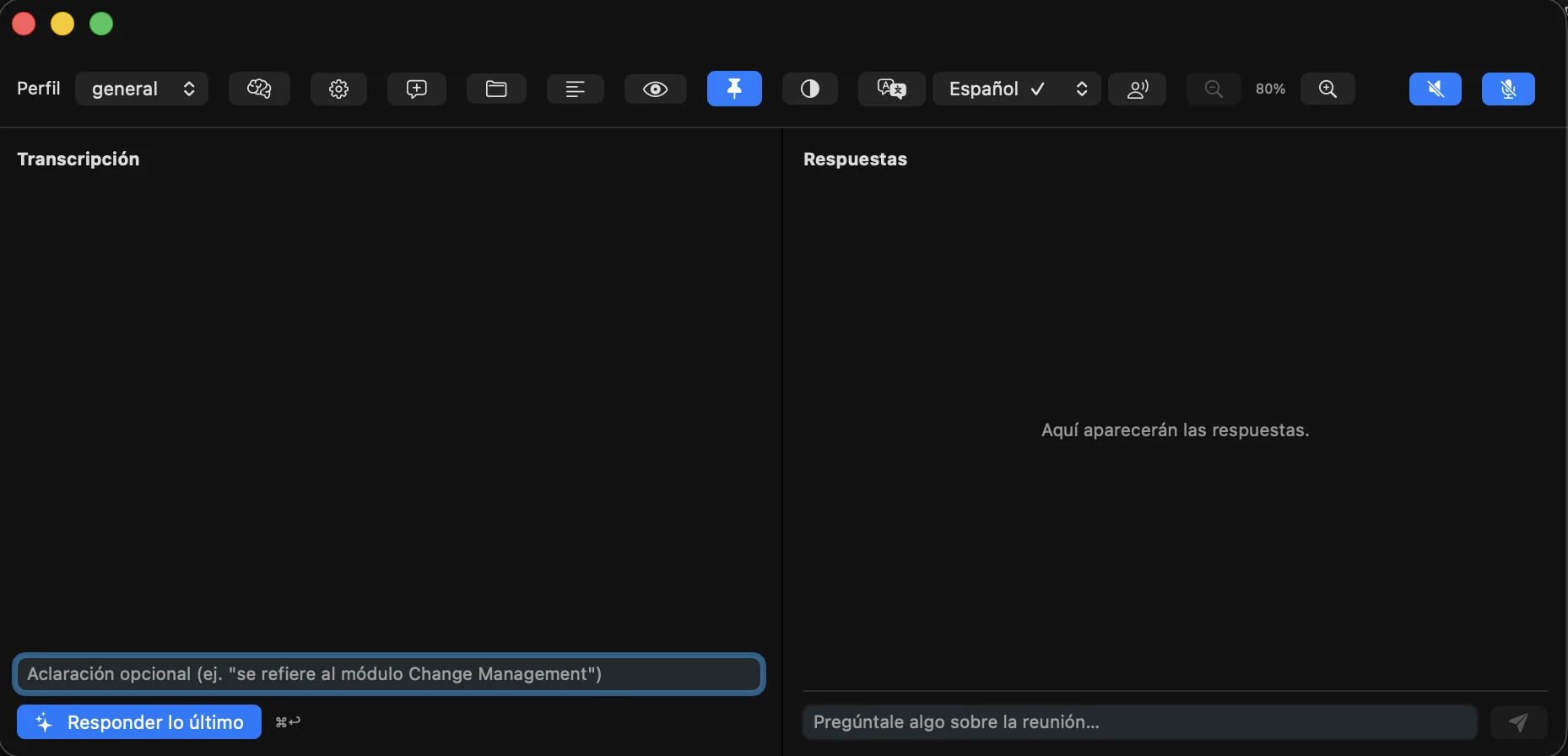 Ventana de NextHelp: la transcripción de la reunión a la izquierda, las respuestas a la derecha y arriba una barra con el perfil, el idioma y el zoom.